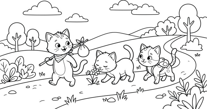 Adventure Cats Walking on Countryside Path for Coloring Book