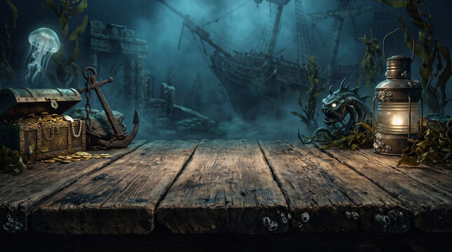Halloween wooden table with sunken pirate ship, treasure chest and nautical artifacts beneath the sea, mysterious underwater fantasy adventure scene