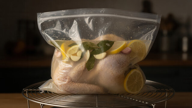 Raw chicken marinating with lemon and herbs in plastic bag on metal rack, culinary preparation and meat cooking technique