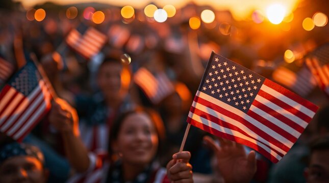 Crowd Waving American Flags at Sunset Celebration