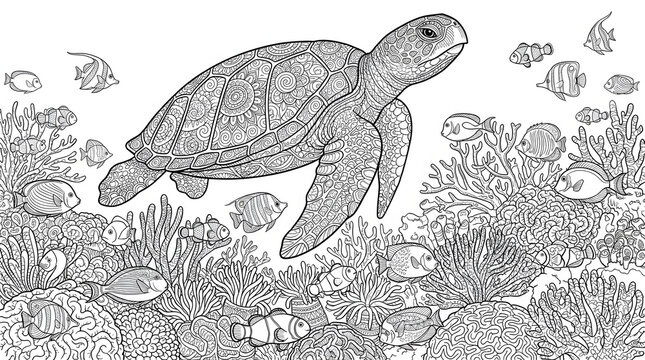 Sea turtle swimming in coral reef coloring page line art illustration