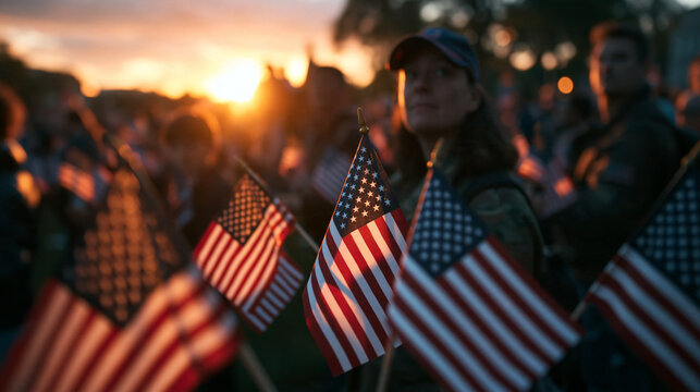 Crowd Holding American Flags at Sunset Memorial Tribute