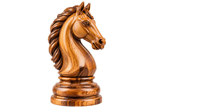 Classic chess knight figurine in polished wood texture, tactical board game symbol isolated on transparent background for leadership, planning, and decision-making designs.