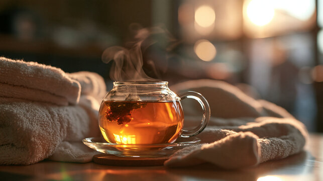 Steaming Cup of Herbal Tea in Cozy Spa Setting