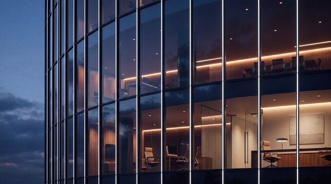 Illuminated Modern Corporate Office Building Facade at Night