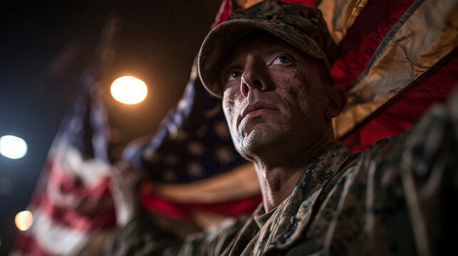 Determined American Soldier Holding National Flag at Night