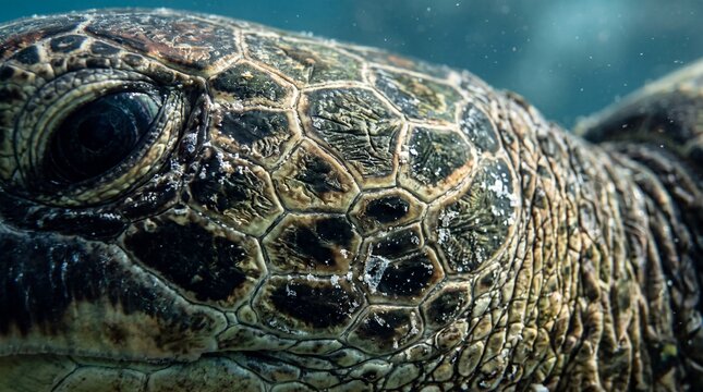 Close-Up of Sea Turtle Eye and Textured Head Underwater