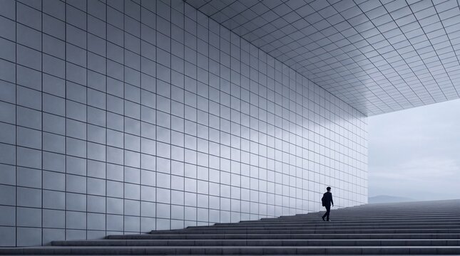 Person Walking Up Stairs in Modern Minimalist Architecture