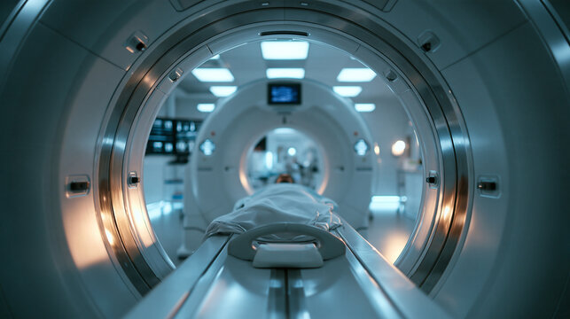 Patient Undergoing Examination in Medical MRI Scanner Tunnel
