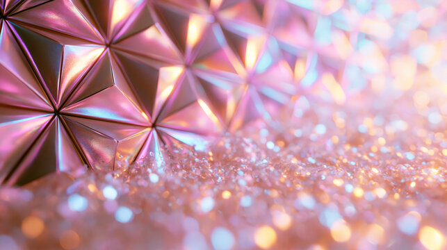 Rose Gold Holographic Geometric Background with Sparkling Glitter Bokeh