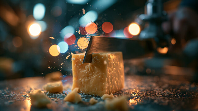 Knife Slicing Through Block of Hard Cheese