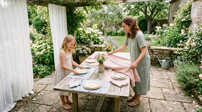 Mother and daughter setting table for outdoor meal in lush garden