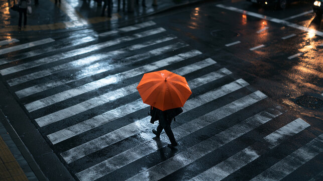 Person with Orange Umbrella Walking on Crosswalk in Rain
