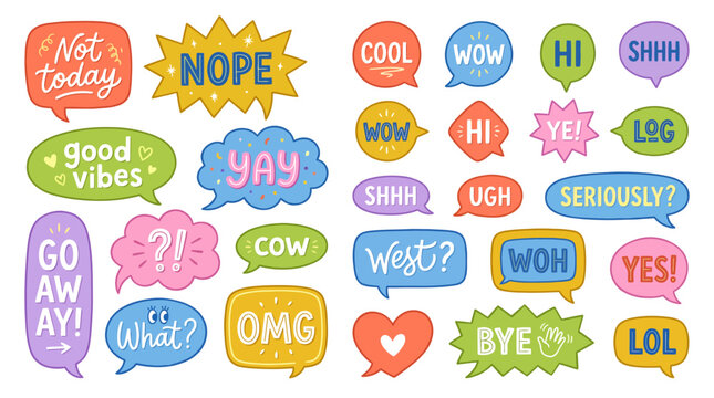 Colorful speech bubble stickers with slang words, cute hand drawn comic chat bubbles set, vector illustration for social media and messaging