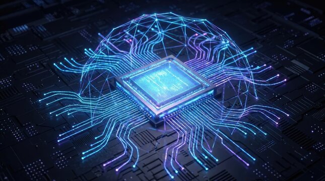 A futuristic circuit board with a glowing, abstract brain design in neon blue and purple lights.