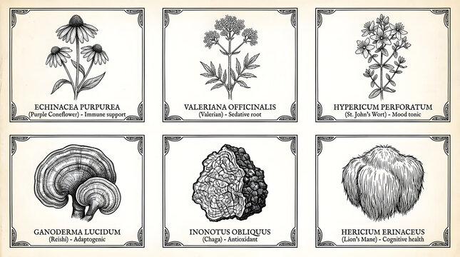 Vintage Medicinal Herbs and Mushrooms Botanical Engraving Set