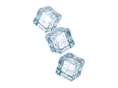 Three falling crystal clear ice cubes, floating cold ice blocks for drinks isolated on transparent background