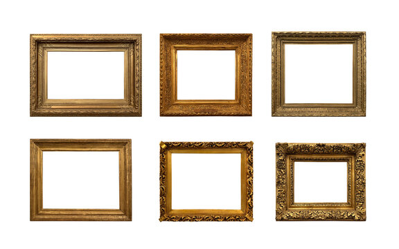 Collection of antique gilded picture frames isolated on white background