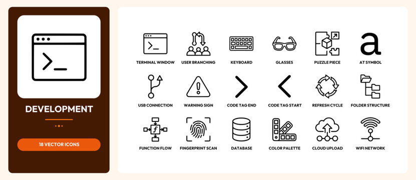 Development vector icon set showing programming software code and database management line art symbols