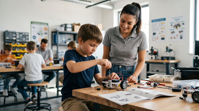 Young boy building a robot with teacher guidance in a STEM classroom