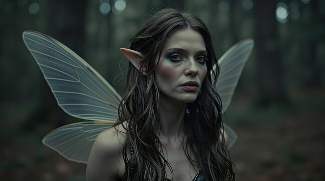 Cinematic Portrait of a Mysterious Dark Forest Fairy with Translucent Dragonfly Wings and Pointed Elf Ears. Gothic Fantasy Elf Fairy Creature Portrait in Moody Forest