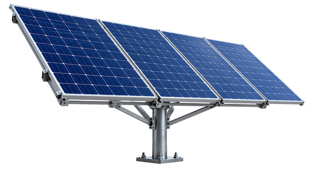 Solar panel array on metal mounting structure, clean renewable energy technology equipment isolated on transparent background
