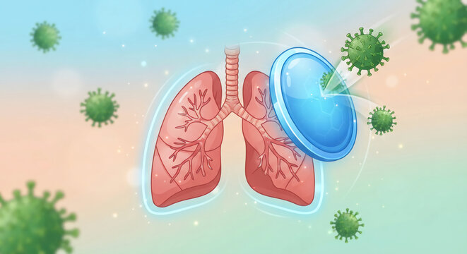An illustration of human lungs protected by a blue shield blocking green virus cells.