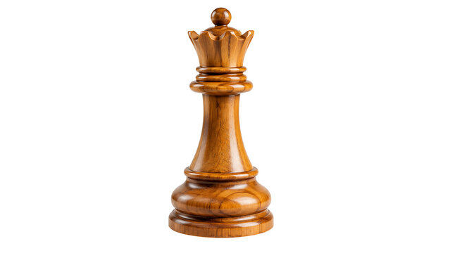 Wooden chess queen piece with polished texture and detailed crown top, strategic board game symbol isolated on transparent background for leadership