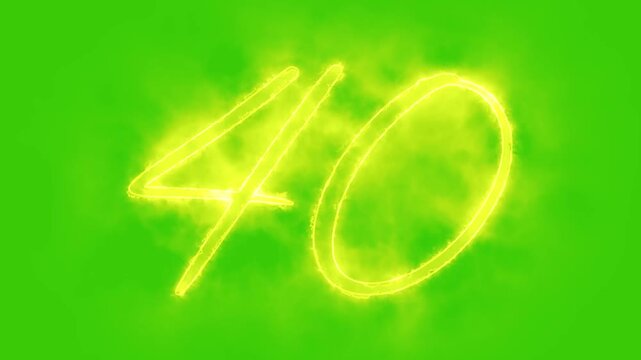 Glowing yellow gold number 40 Animation | Neon Alphabet Typography Motion Graphic. 40 number mathematics text on green background. Bright glowing number 40 countdown icon.