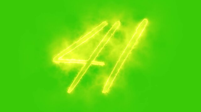 Glowing yellow gold number 41 Animation | Neon Alphabet Typography Motion Graphic. 41 number mathematics text on green background. Bright glowing number 41 countdown icon.