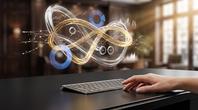 Futuristic digital infinity loop with data visualization, glowing fiber optic light trails over keyboard, financial analytics and business technology concept