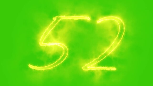 Glowing yellow gold number 52 Animation | Neon Alphabet Typography Motion Graphic. 52 number mathematics text on green background. Bright glowing number 52 countdown icon.