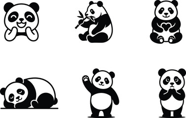 Cute black and white panda icons displaying various playful expressions and actions © saidur