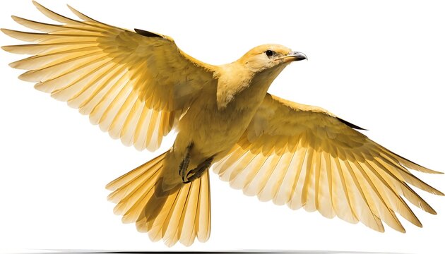 Yellow bird flying with wings spread with shadow cut out isolated on 8k resolution white background. AI GENERATED.
