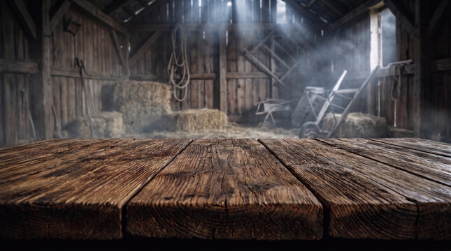 Halloween wooden table inside an old abandoned barn with wooden beams, hay, hanging ropes and shafts of light, rustic haunted farm atmosphere