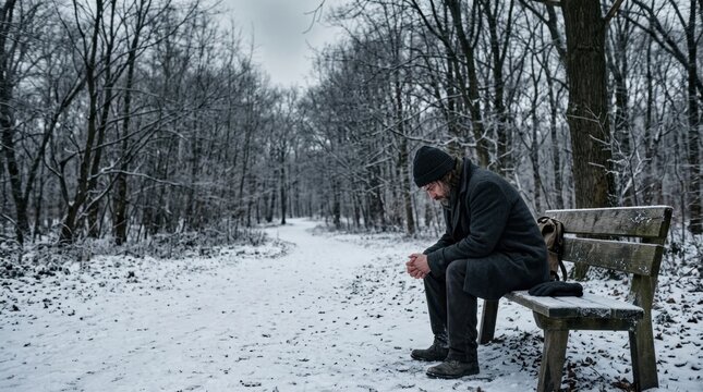 Stressed male feeling depressed and lonely on a park bench in winter