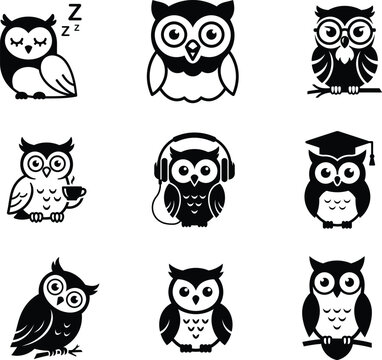 Cute Owls Icons Showing Different Funny Everyday Activities And Accessories