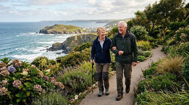 Happy senior couple walking on coastal path with ocean view and lush garden