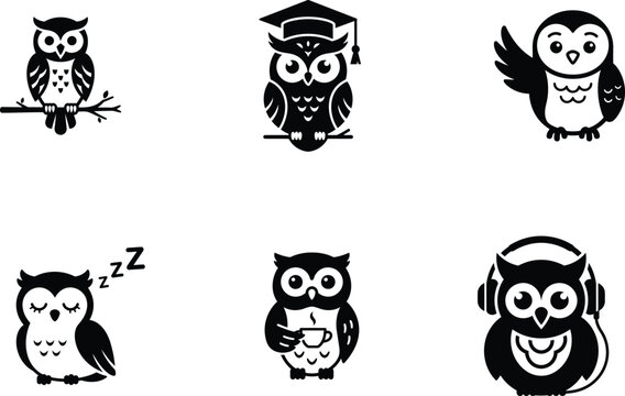 Cute stylized owl icons showing various activities and accessories