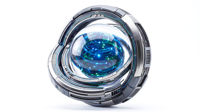 Futuristic Metallic Camera Lens with Glowing Blue Digital Core, 3D Render Isolated on White Background