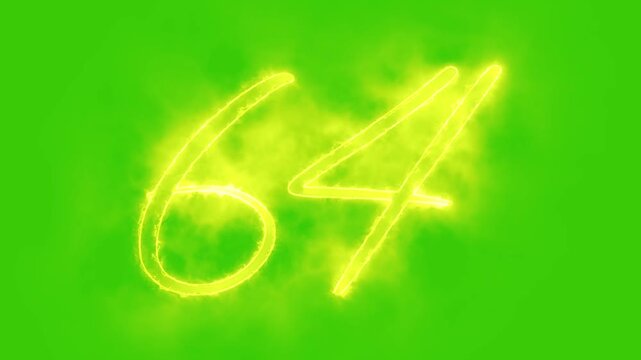 Glowing yellow gold number 64 Animation | Neon Alphabet Typography Motion Graphic. 64 number mathematics text on green background. Bright glowing number 64 countdown icon.