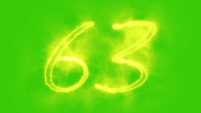 Glowing yellow gold number 63 Animation | Neon Alphabet Typography Motion Graphic. 63 number mathematics text on green background. Bright glowing number 63 countdown icon.