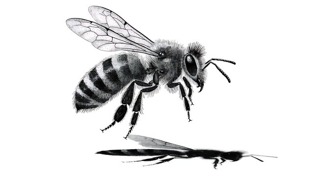 Black and white drawing of a honey bee, detailed bee illustration with wings and striped body, cut out isolated on 8k resolution transparent white background PNG. AI GENERATED.