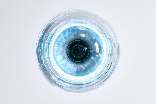 3D cyber bionic eye iris scan icon with neon glow rings isolated on white background. Premium frosted glassmorphism computer vision AI concept
