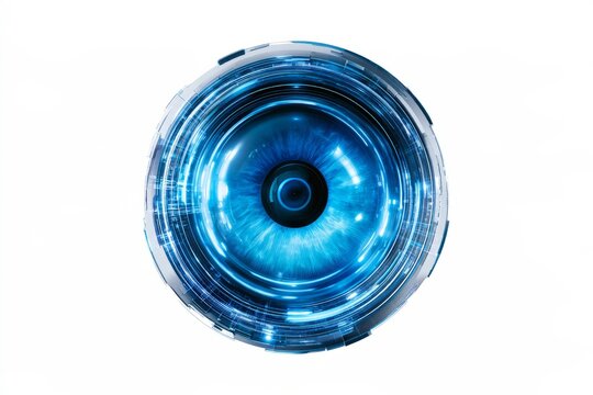 3D cyber bionic eye iris scan icon with neon glow rings isolated on white background. Premium frosted glassmorphism computer vision AI concept