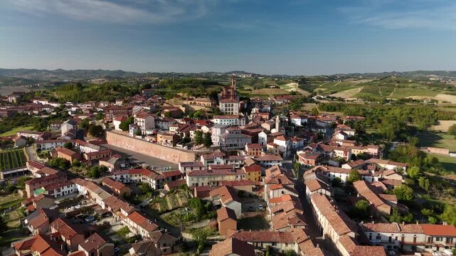 Aerial drone view of Calliano hilltop village, historic town in Monferrato, italy