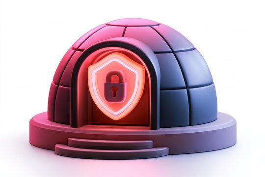 3D cyber security dome bunker icon with glowing shield padlock isolated on white background. Matte claymorphism cold storage sandbox concept.