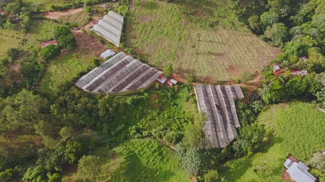 Aerial view of greenhouses in the hills of Jarabacoa, Dominican Republic.