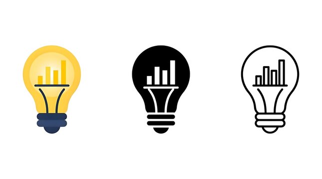 Three stylized light bulb icons featuring integrated business bar charts