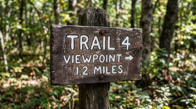 Wooden Trail Sign To Viewpoint In Lush Forest Landscape